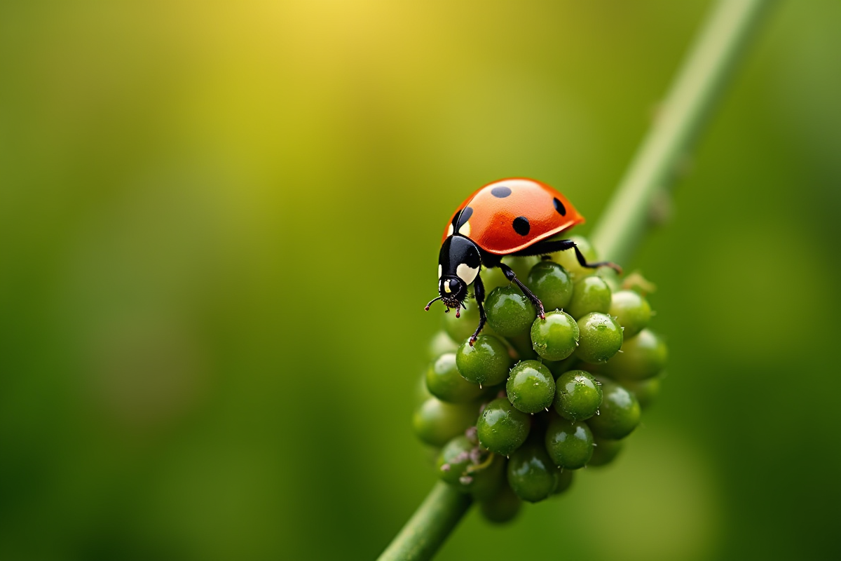 Une coccinelle sur une tige verte entourée d'aphides en matinée