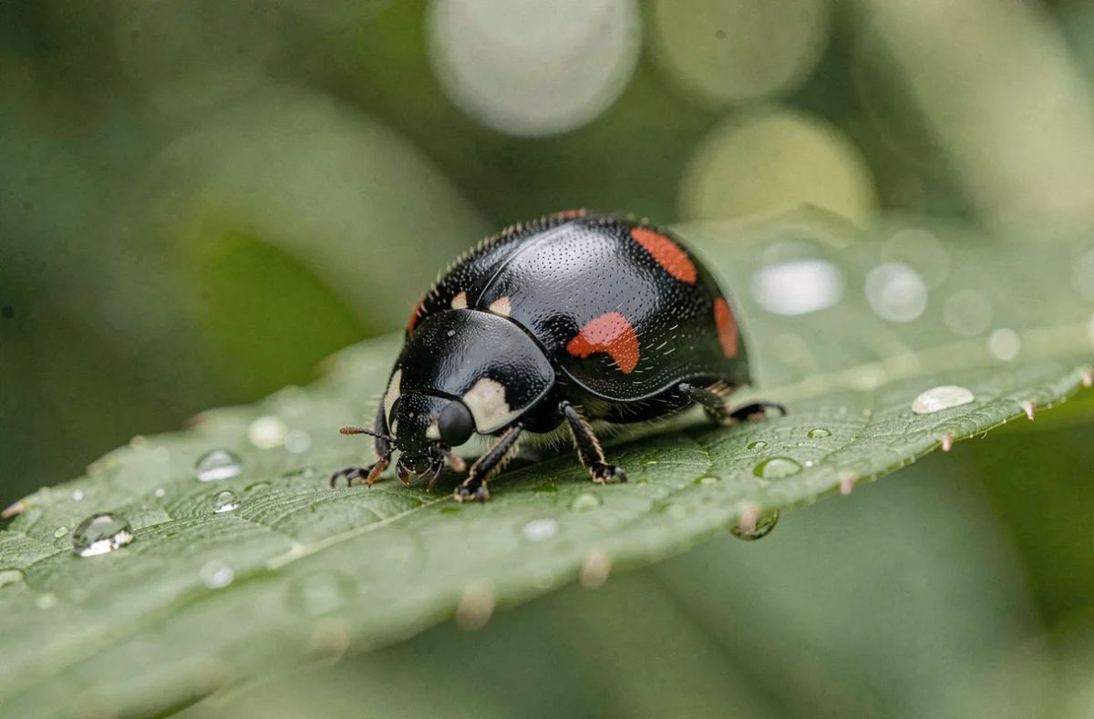 Coccinelle noire à points rouges posée sur une feuille verte dans un jardin, vue en macro avec bokeh naturel