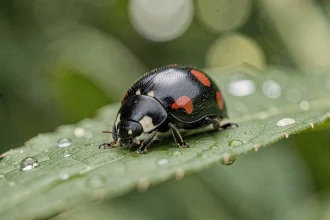 Coccinelle noire à points rouges posée sur une feuille verte dans un jardin, vue en macro avec bokeh naturel