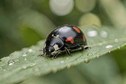 Coccinelle noire à points rouges posée sur une feuille verte dans un jardin, vue en macro avec bokeh naturel