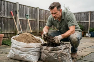 Paysagiste comparant la texture de deux sacs de terre végétale aux densités différentes dans un jardin résidentiel