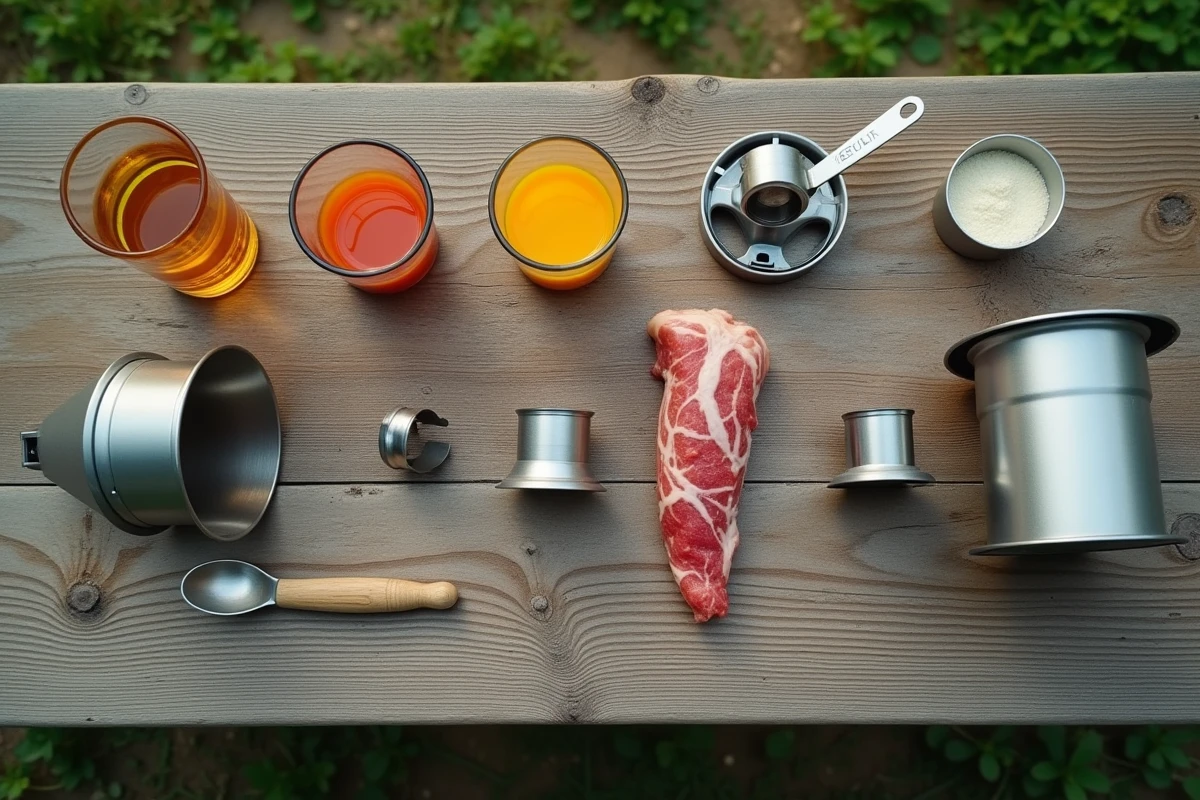 Vue de dessus des composants démontés d'un piège à frelon réutilisable avec des ingrédients d'appât naturels sur une table en bois rustique
