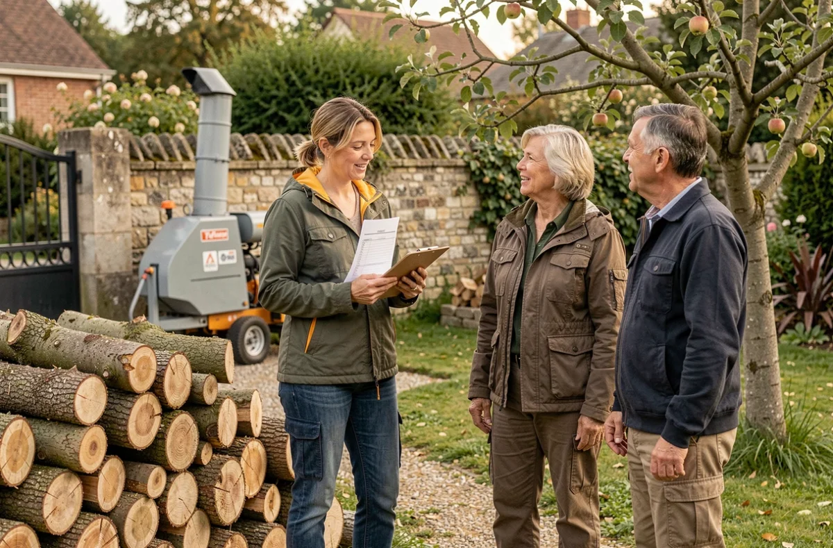 Élagueur en consultation avec des propriétaires après une intervention d'élagage dans un jardin privé à La Roche-sur-Yon