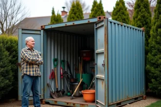 Conteneur de chantier reconverti en abri de jardin avec outils rangés à l'intérieur, homme examinant la structure dans un jardin suburban
