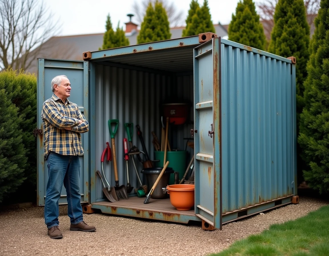 Conteneur de chantier reconverti en abri de jardin avec outils rangés à l'intérieur, homme examinant la structure dans un jardin suburban