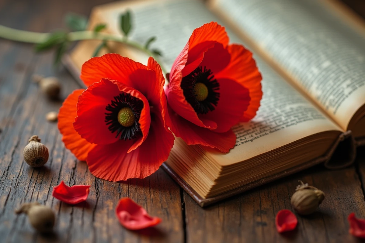 Coquelicots rouges posés sur un vieux livre antique et une surface en bois patiné, composition symbolique et historique