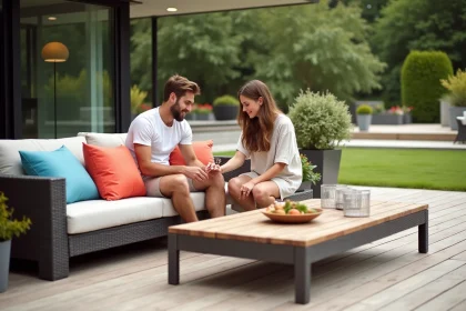 Jeune couple arrangeant des coussins sur un sofa de jardin