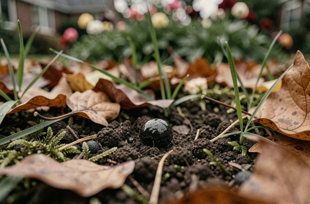 Gros plan sur des crottes de hérisson dans un jardin, posées sur de la terre humide entourée de feuilles mortes et de mousse