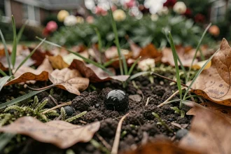 Gros plan sur des crottes de hérisson dans un jardin, posées sur de la terre humide entourée de feuilles mortes et de mousse
