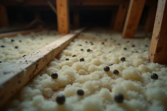 Crottes de loire sur isolant en laine minérale dans un vide sanitaire