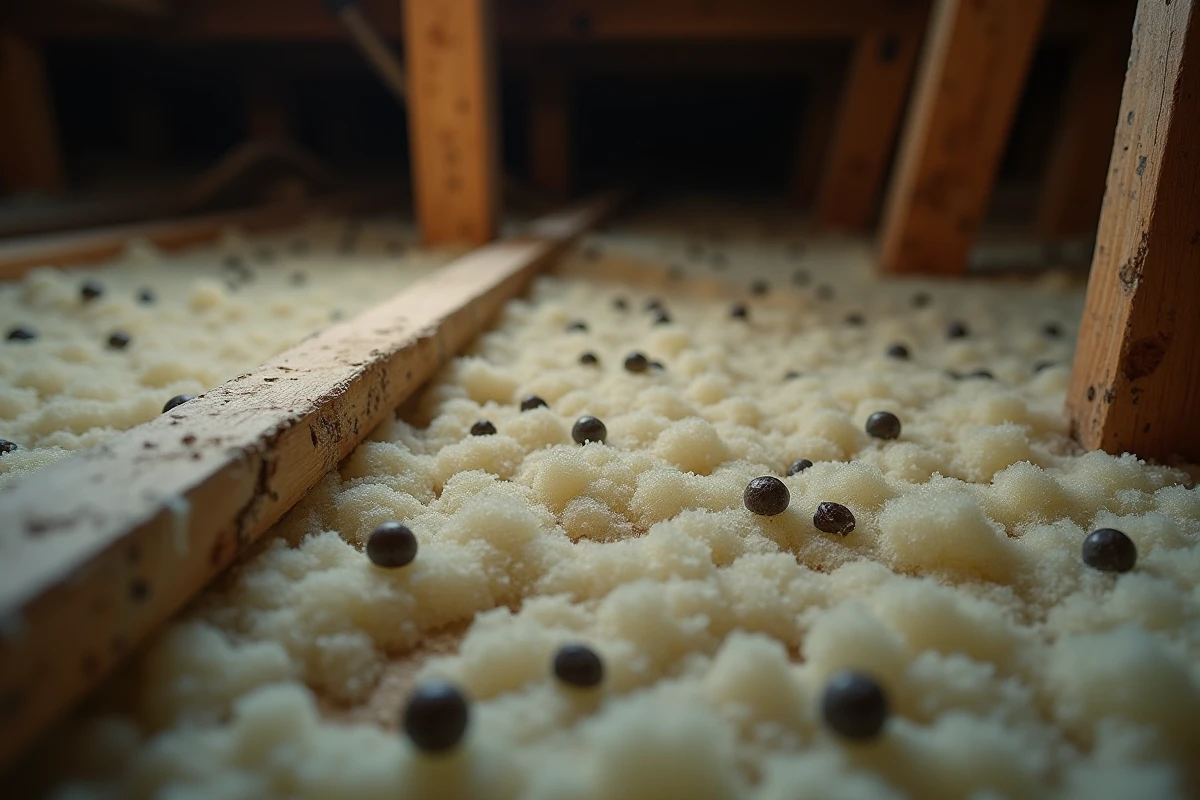 Crottes de loire sur isolant en laine minérale dans un vide sanitaire