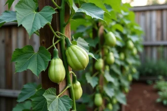 Culture verticale de christophines sur un treillis en bois dans un potager avec fruits verts pendant