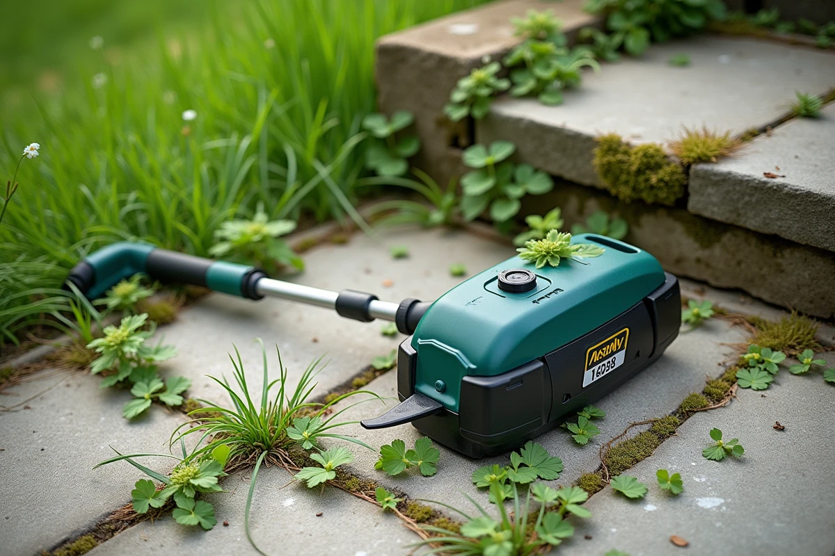 Débroussailleuse électrique posée sur des pavés entourée de végétation coupée, alternative écologique aux herbicides chimiques
