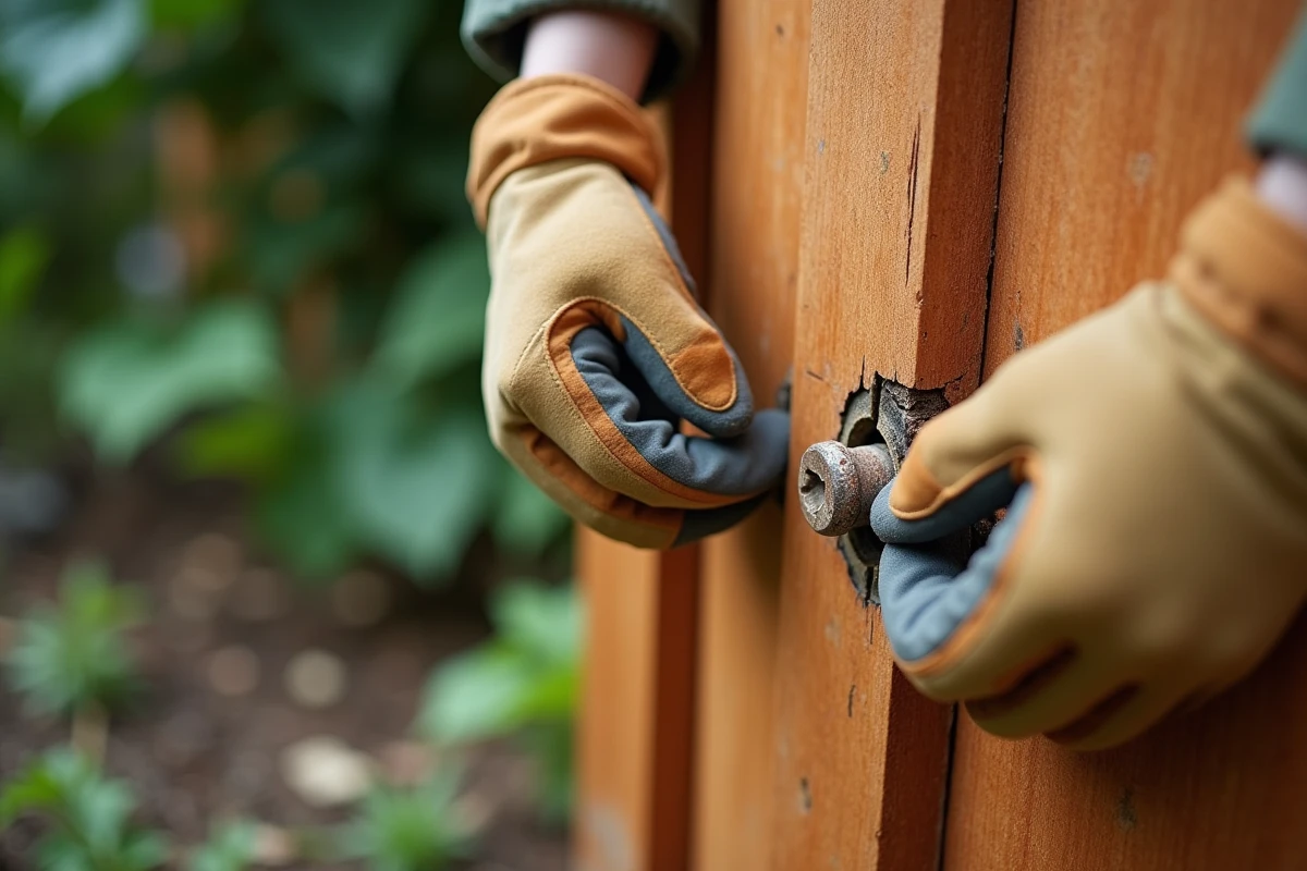Gros plan sur un joint mal assemblé d'un cabanon en bois avec écart visible entre les panneaux et vis rouillée