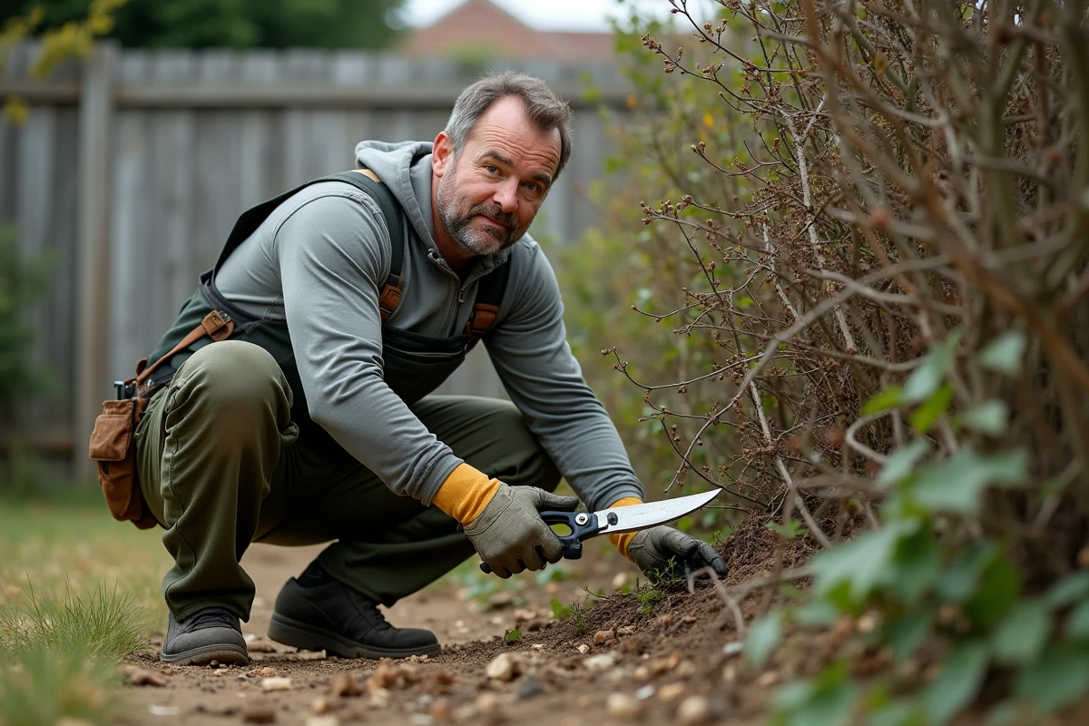 Homme coupant des broussailles à la main dans un jardin avec un sécateur, alternative au débroussaillant chimique