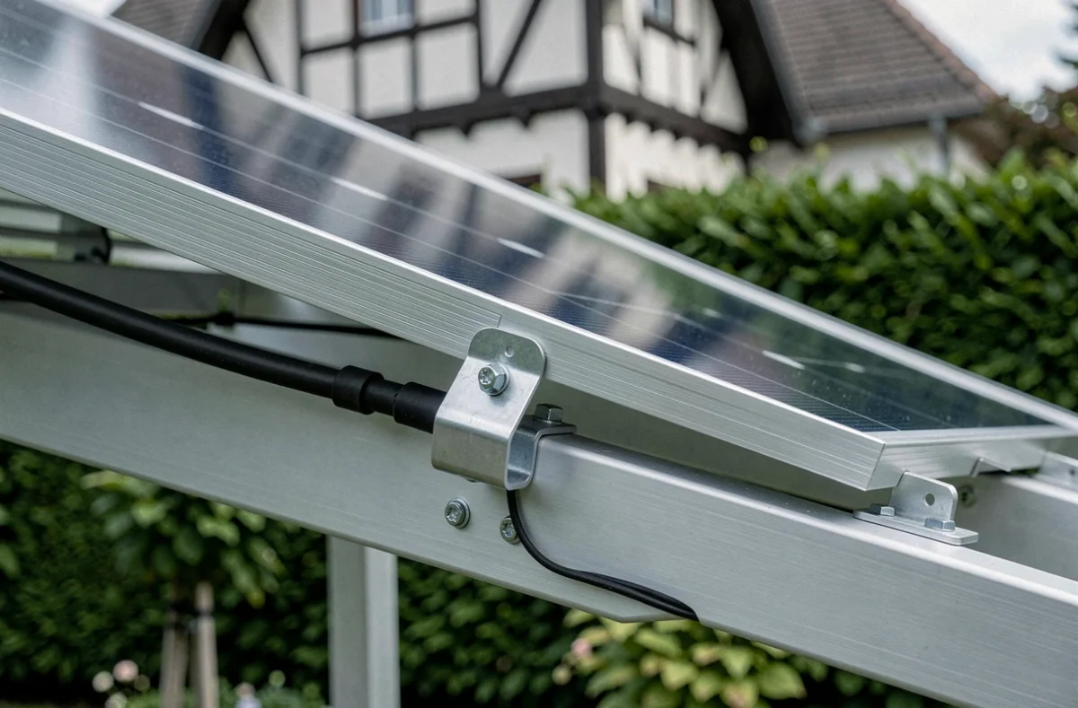 Détail des panneaux solaires et des fixations métalliques d'une pergola photovoltaïque installée dans un jardin alsacien