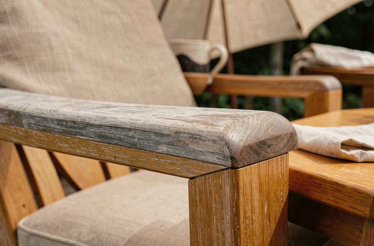 Gros plan sur le grain naturel et la patine argentée du bois teck d'un fauteuil de jardin, mettant en valeur la qualité de fabrication et les assemblages