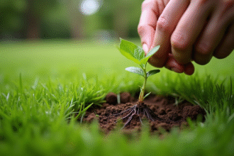 Mains arrachant des mauvaises herbes dans la pelouse