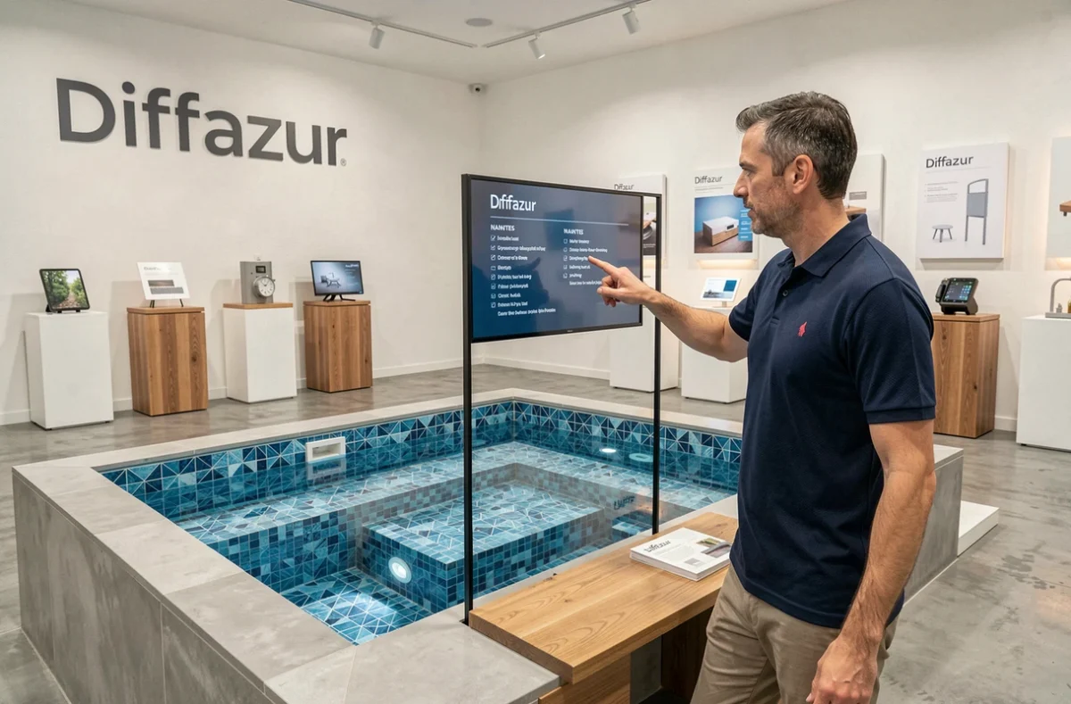 Conseiller de vente Diffazur Piscines Nantes présentant un modèle de piscine dans le showroom