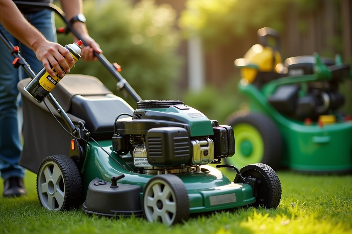 Personne pulvérisant du WD40 sous une tondeuse en jardin ensoleillé