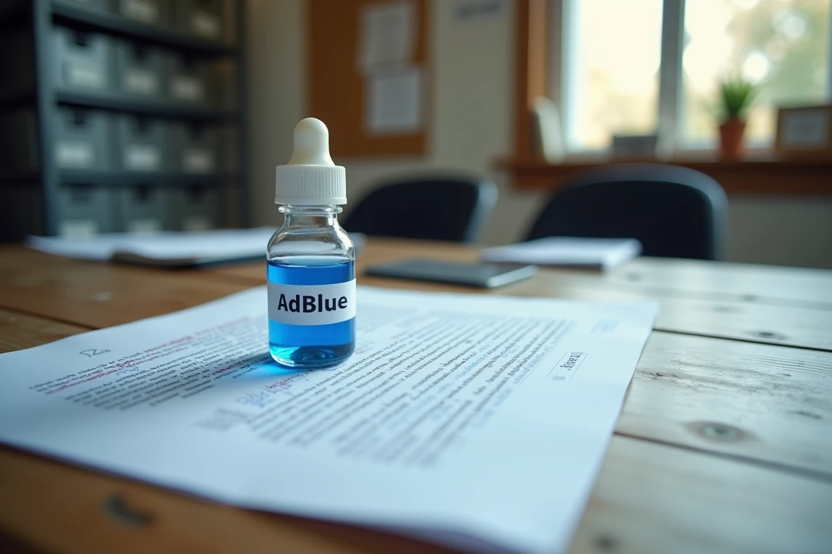Document réglementaire officiel sur l'utilisation de l'AdBlue en désherbage posé sur un bureau agricole avec une bouteille de liquide bleu