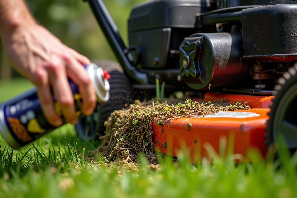 Gros plan sur des herbes coincées sous la tondeuse avec spray WD40