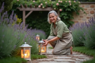 Femme aménageant des lanternes solaires le long d'un chemin de jardin en pierre entouré de lavande et de rosiers grimpants