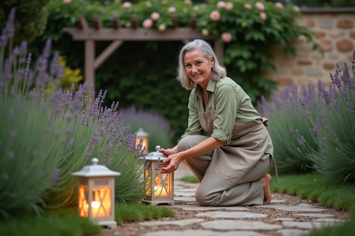 Femme aménageant des lanternes solaires le long d'un chemin de jardin en pierre entouré de lavande et de rosiers grimpants