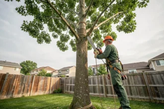 Élagueur professionnel en train de tailler un grand peuplier dans un jardin privé résidentiel