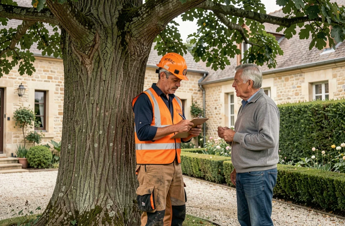 Élagueur professionnel en tenue de sécurité discutant avec un client au pied d'un chêne dans un jardin résidentiel à Bressuire