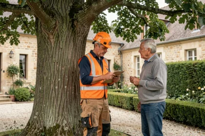 Élagueur professionnel en tenue de sécurité discutant avec un client au pied d'un chêne dans un jardin résidentiel à Bressuire
