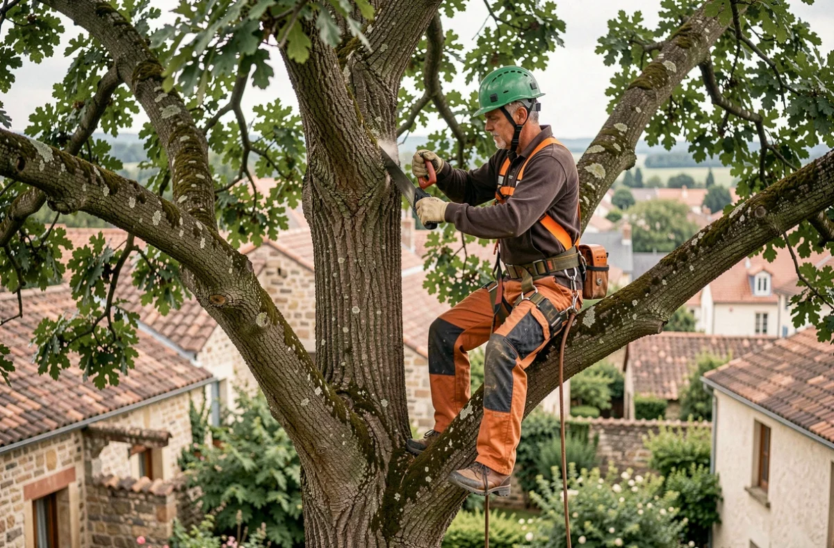 Élagueur professionnel en hauteur dans un arbre avec harnais de sécurité à Cazères