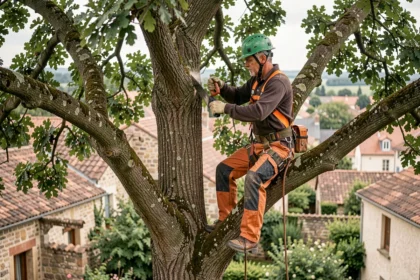 Élagueur professionnel en hauteur dans un arbre avec harnais de sécurité à Cazères