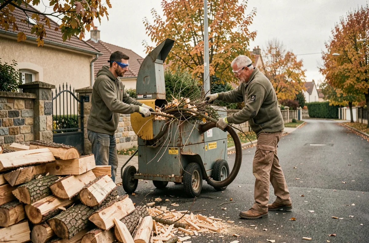 Deux élagueurs utilisant un broyeur de branches professionnel devant une maison à Bressuire en automne