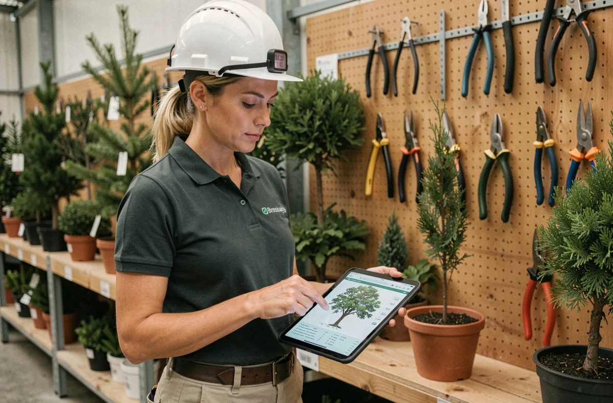 Élagueuse professionnelle consultant un rapport d'évaluation sur tablette dans une pépinière près de Bressuire