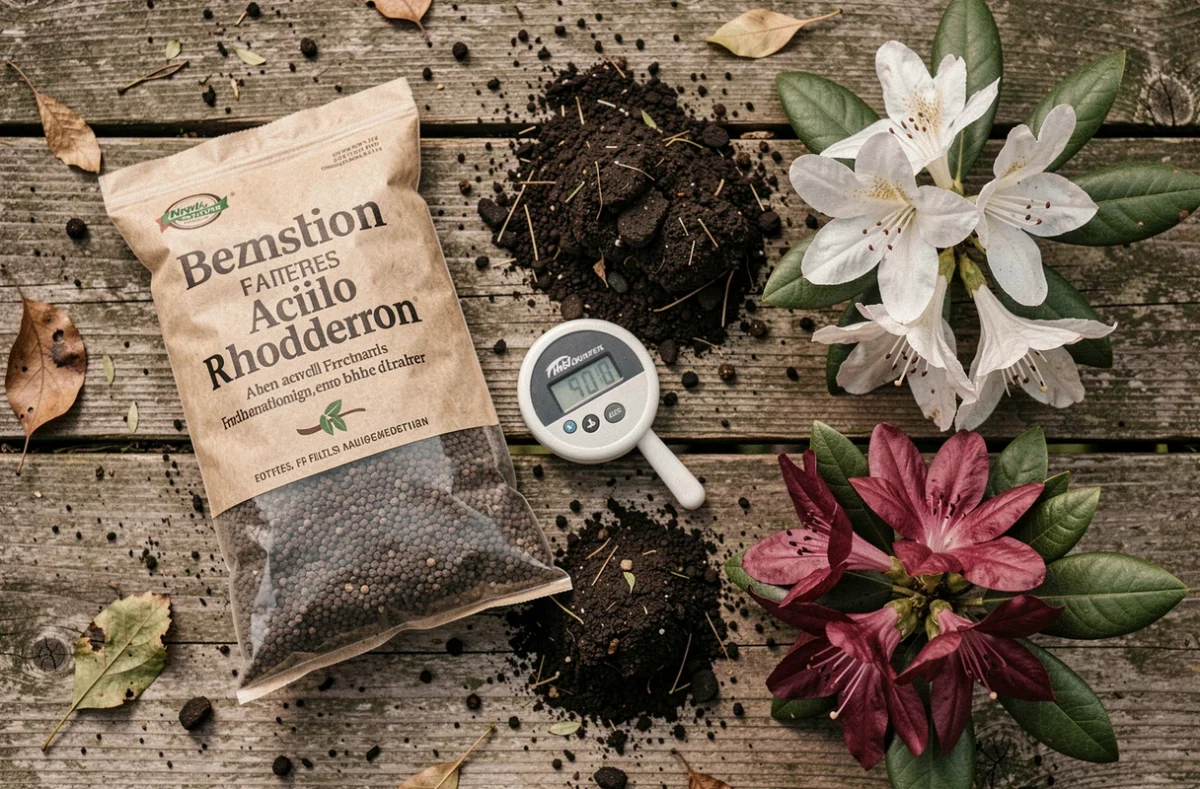 Engrais pour rhododendron, compost acide et pH-mètre disposés sur une table de jardin avec des fleurs coupées