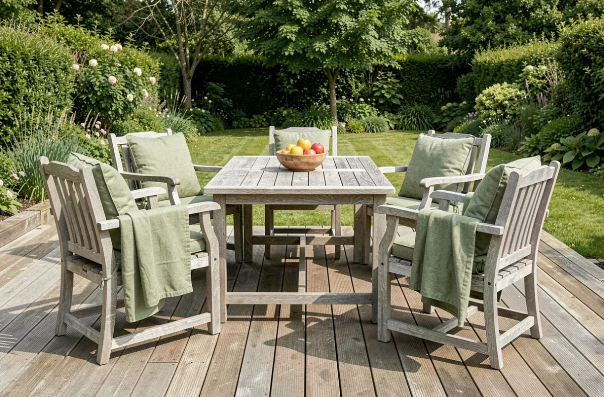 Ensemble de fauteuils de jardin en teck empilables autour d'une table sur une terrasse en bois avec vue sur jardin verdoyant