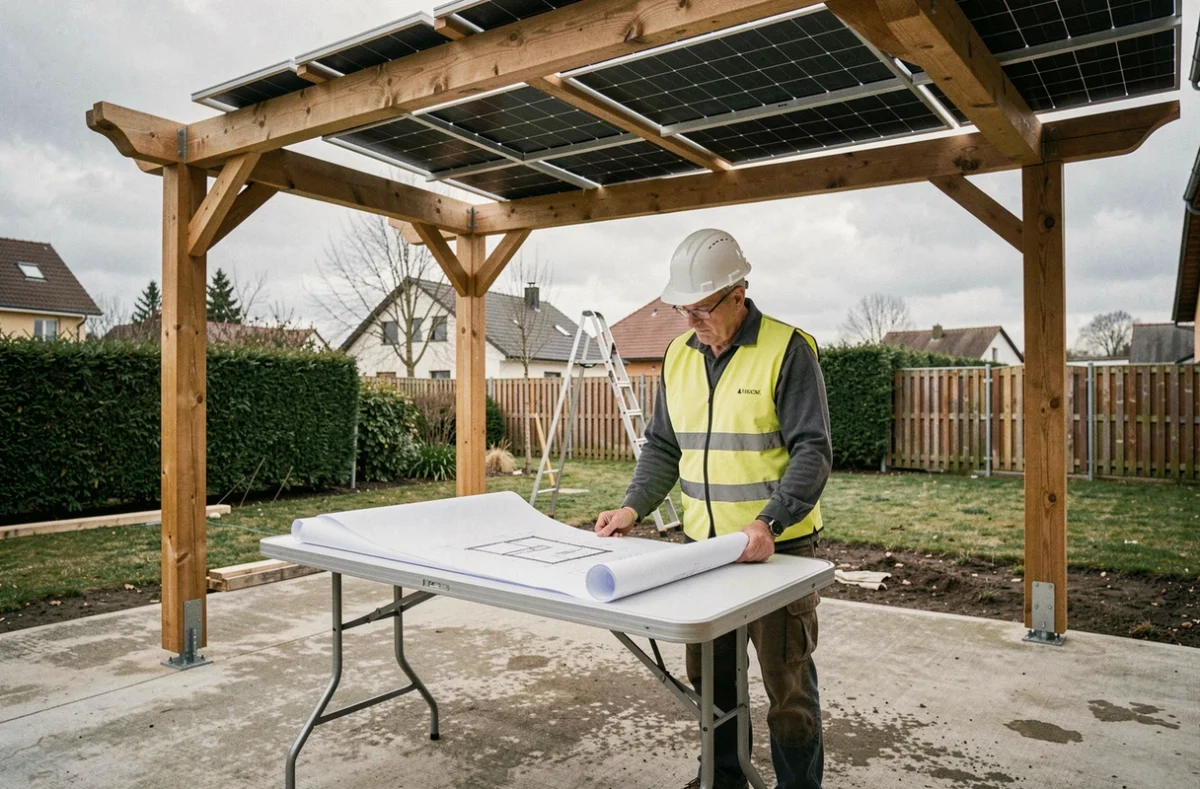 Entrepreneur en sécurité examinant les plans d'une pergola solaire en cours d'installation dans un jardin résidentiel en Alsace