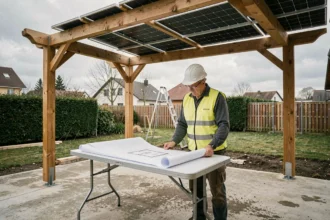 Entrepreneur en sécurité examinant les plans d'une pergola solaire en cours d'installation dans un jardin résidentiel en Alsace