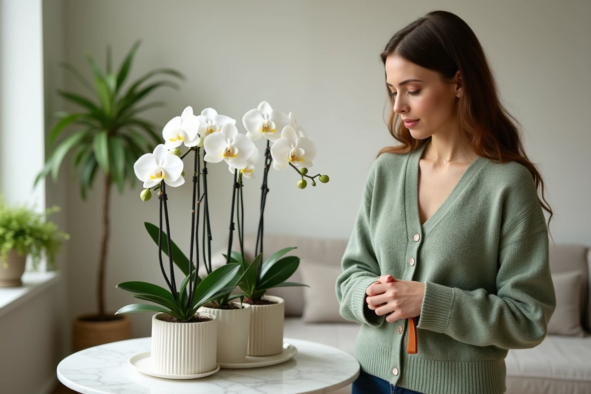Femme inspectant des orchidées en pot avec des tiges taillées dans un appartement moderne