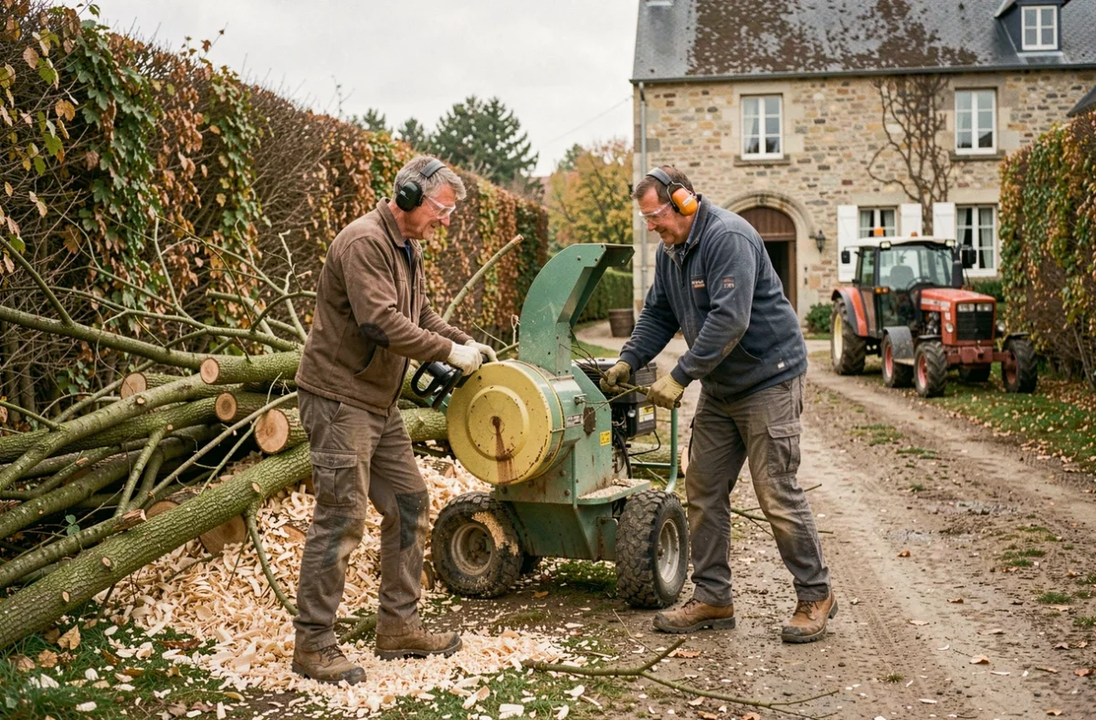 Équipe d'élagueurs au sol avec broyeur de branches lors d'un chantier d'élagage