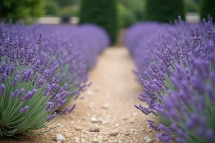 Plantation de lavande en rangées régulièrement espacées dans un jardin provençal avec sol calcaire et bordure en pierre