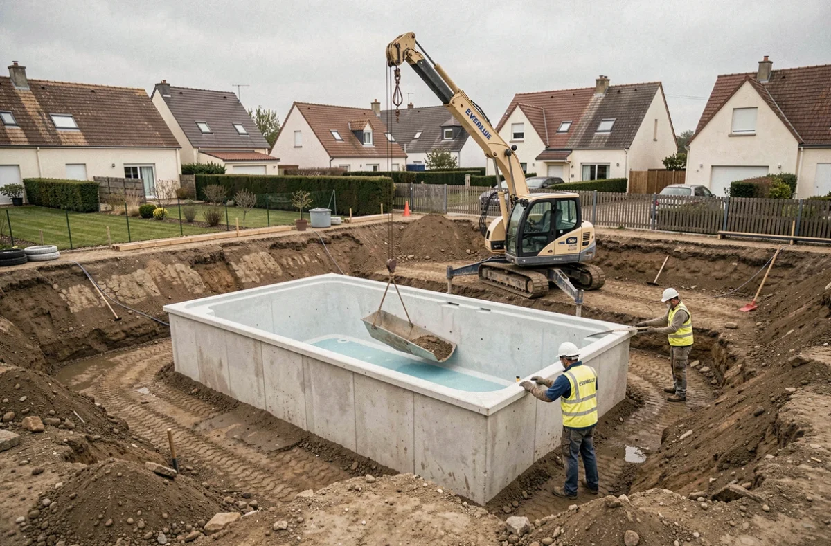 Chantier d'installation de piscine Everblue à Carquefou avec mise en place de la coque par grue