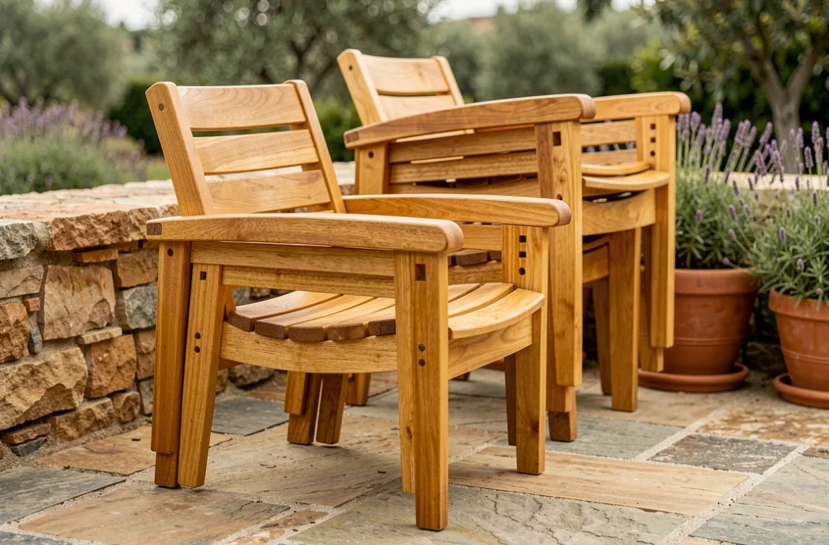 Fauteuil de jardin en teck empilable posé sur une terrasse en pierre naturelle avec plusieurs chaises empilées en arrière-plan