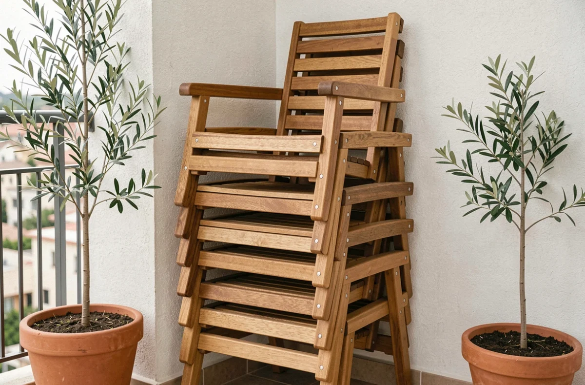 Fauteuils en teck empilables stockés en hauteur dans un coin de balcon urbain compact, démontrant le gain de place en extérieur
