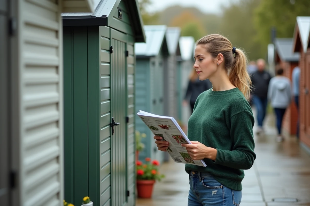 Jeune femme compare abris de jardin en magasin