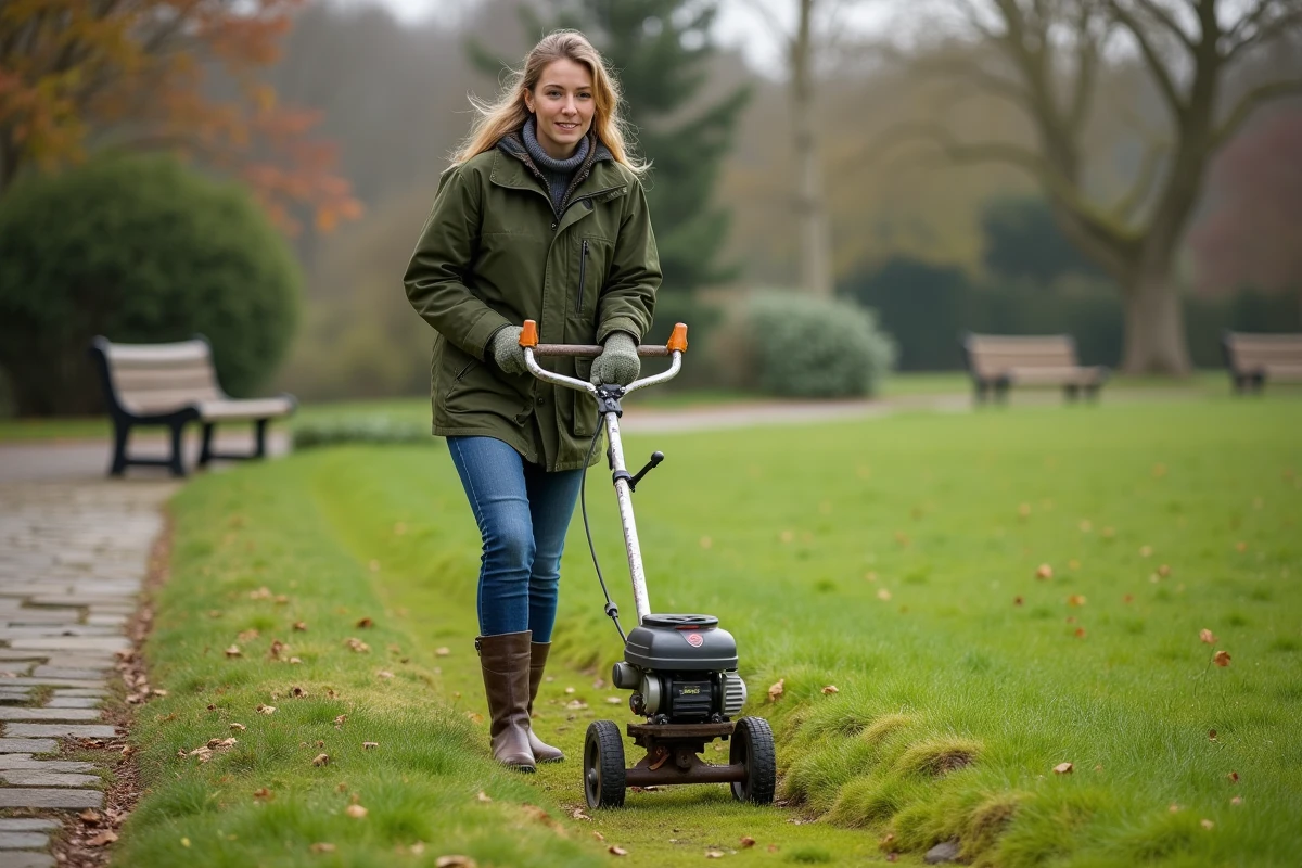 Femme utilisant un aérateur de pelouse dans un parc public