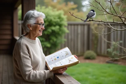 Femme âgée observant un oiseau dans le jardin