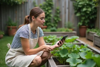 Une femme utilise l'application PlantNet sur Android pour identifier une plante dans son jardin potager