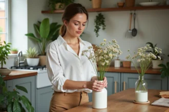 Femme arrangeant des fleurs de wax dans un intérieur lumineux